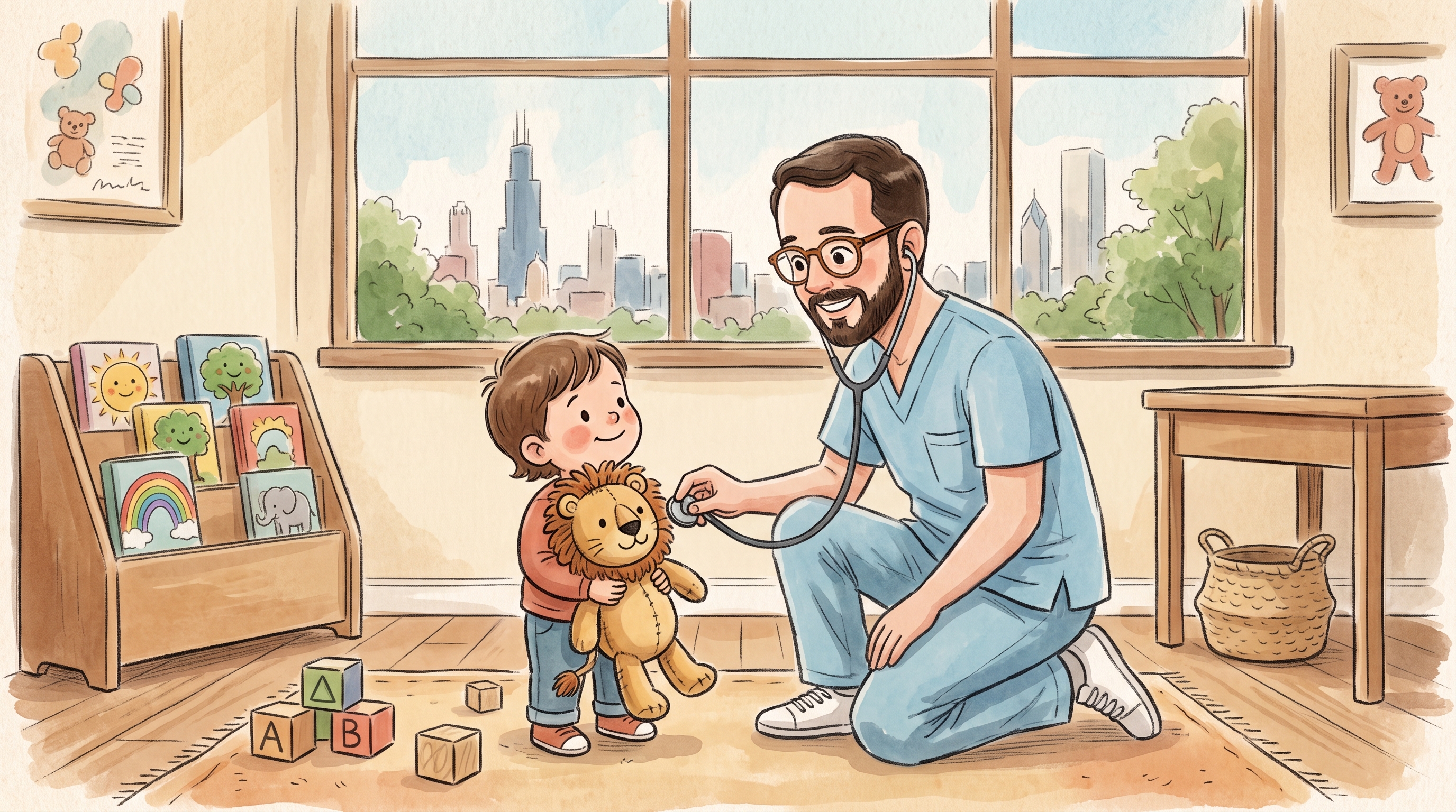 Dr. Adam Gorman with a young patient and teddy lion
